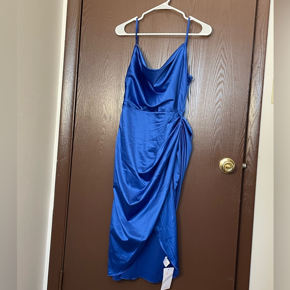 HTZMO Satin Slip Dress Midi Cowl Neck Women's M Blue Ruched Bodycon Split Front